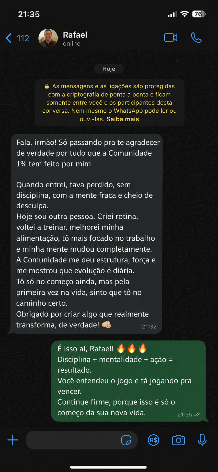 Feedback de aluno da Comunidade 1%