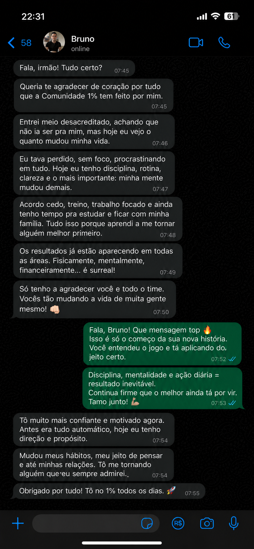 Resultado compartilhado por membro da Comunidade 1%
