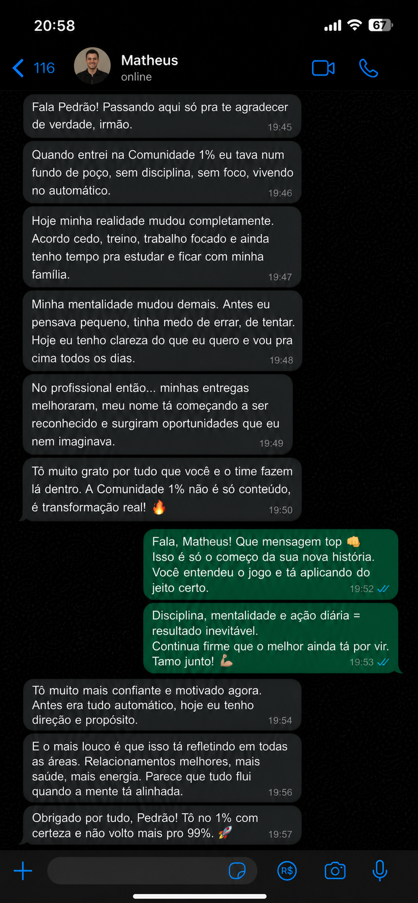Depoimento de participante da Comunidade 1%